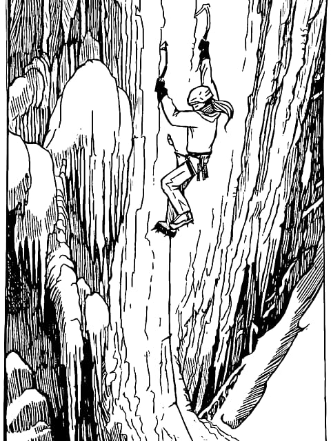 Pen and ink drawing by L. Falley of a climber in a deep ice chimney hung with icicles
