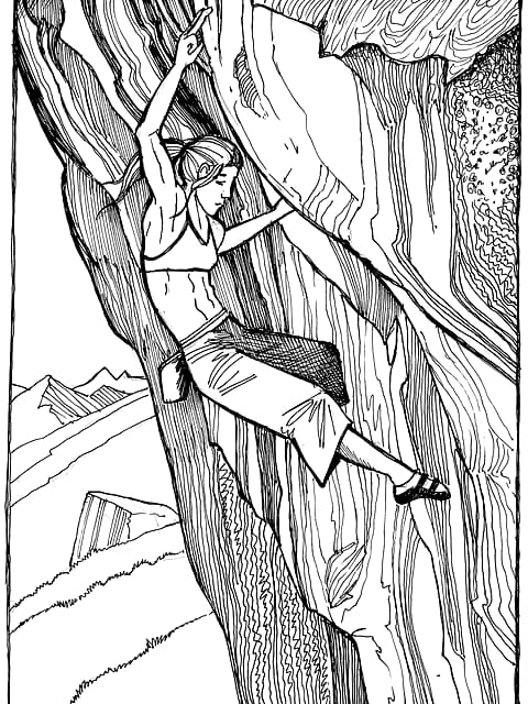 Pen and ink drawing by L. Falley of a woman climbing a steep rock corner with mountains far below