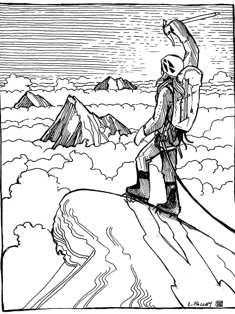 Pen and ink drawing by L. Falley of a mountaineer on a snowy ridge above a sea of clouds, ice axe raised