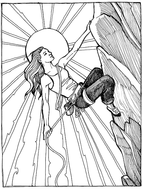 Pen and ink drawing by L. Falley of a woman lead climbing with a radiant sun behind her